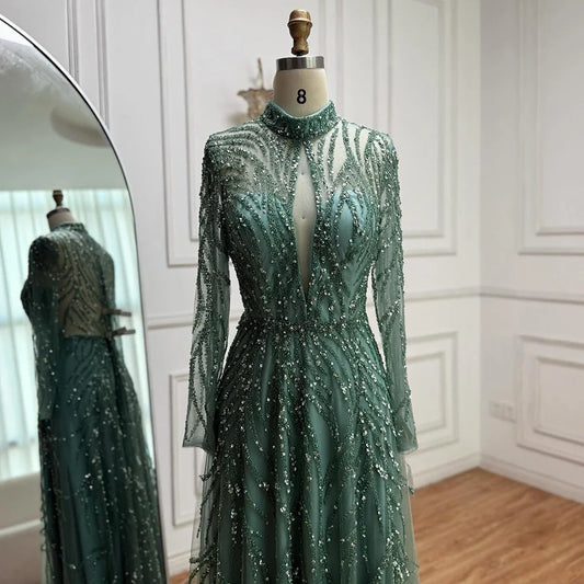 Elegant Turquoise High Neck A-Line Evening Dress Beaded LA71682A
