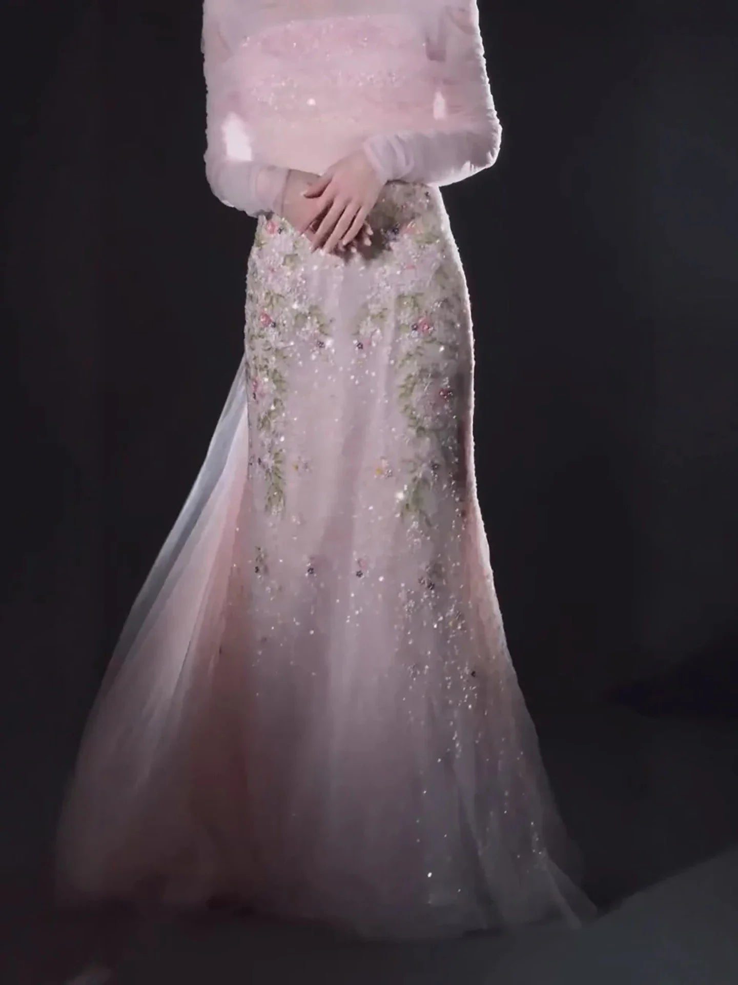 Luxury Pink Beaded Mermaid Evening Dress with Sheer Cape LA73346