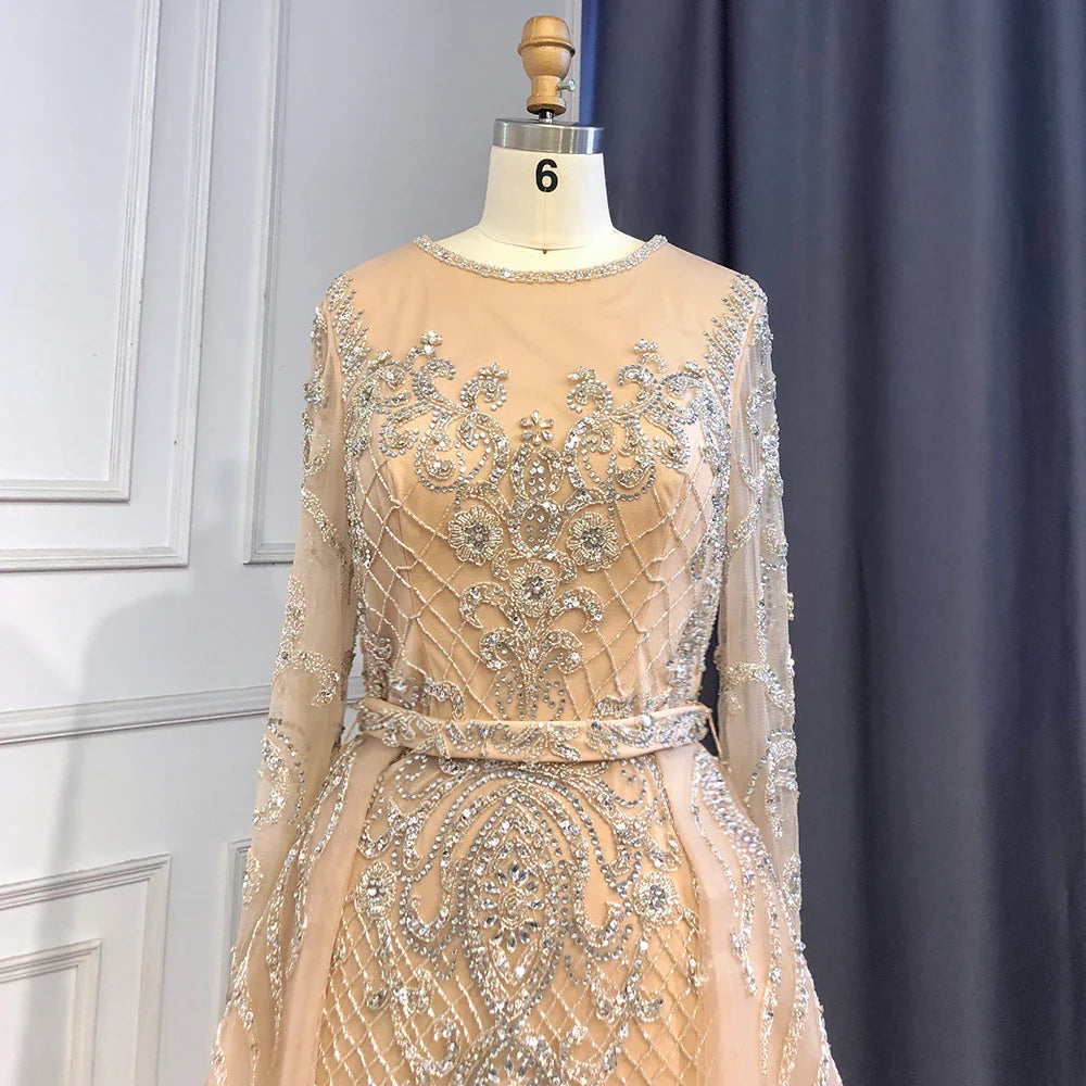 Luxury Nude Beaded Mermaid Evening Dress with Overskirt LA71352