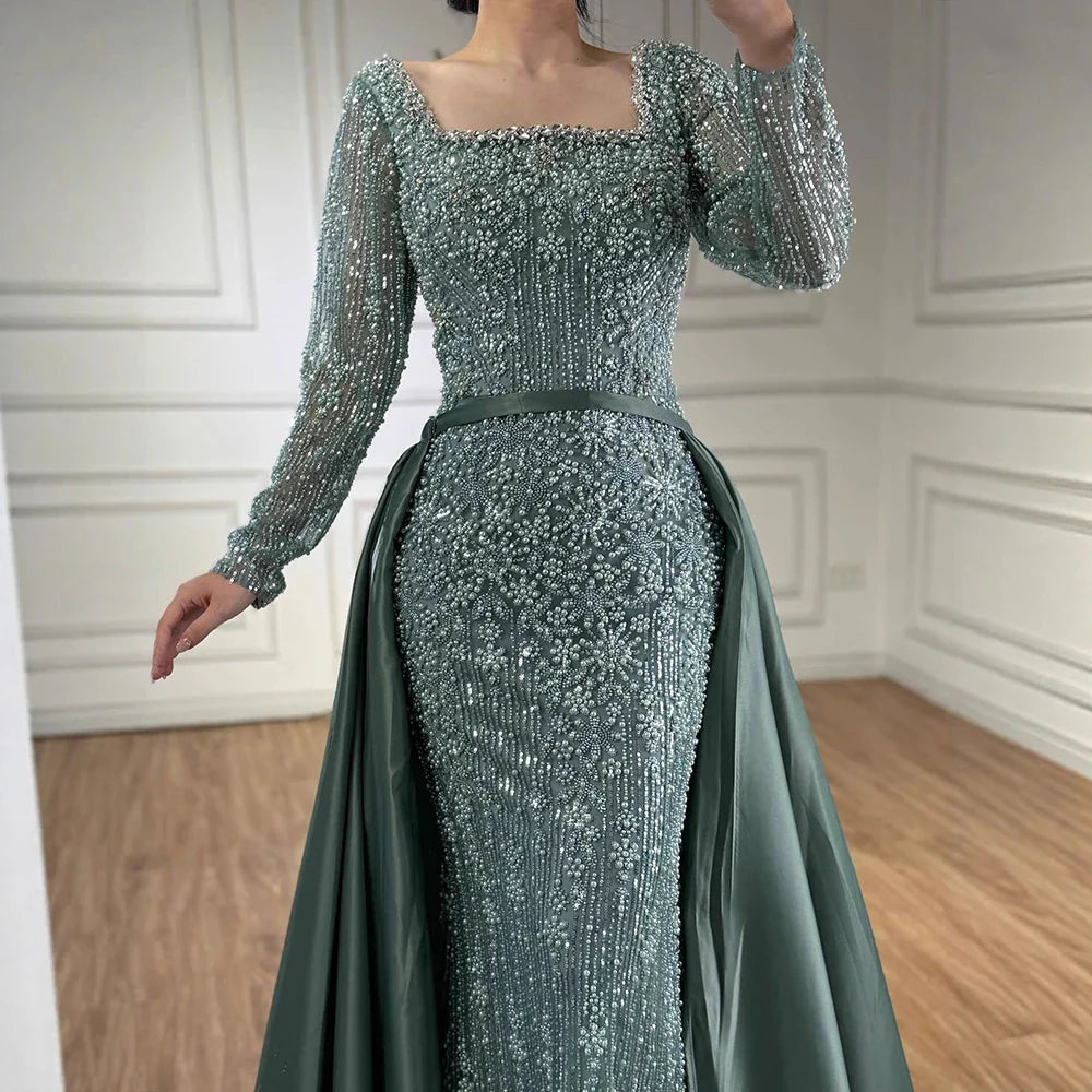 Luxury Arabic Turquoise Mermaid Beaded Evening Gown with Overskirt LA72533A