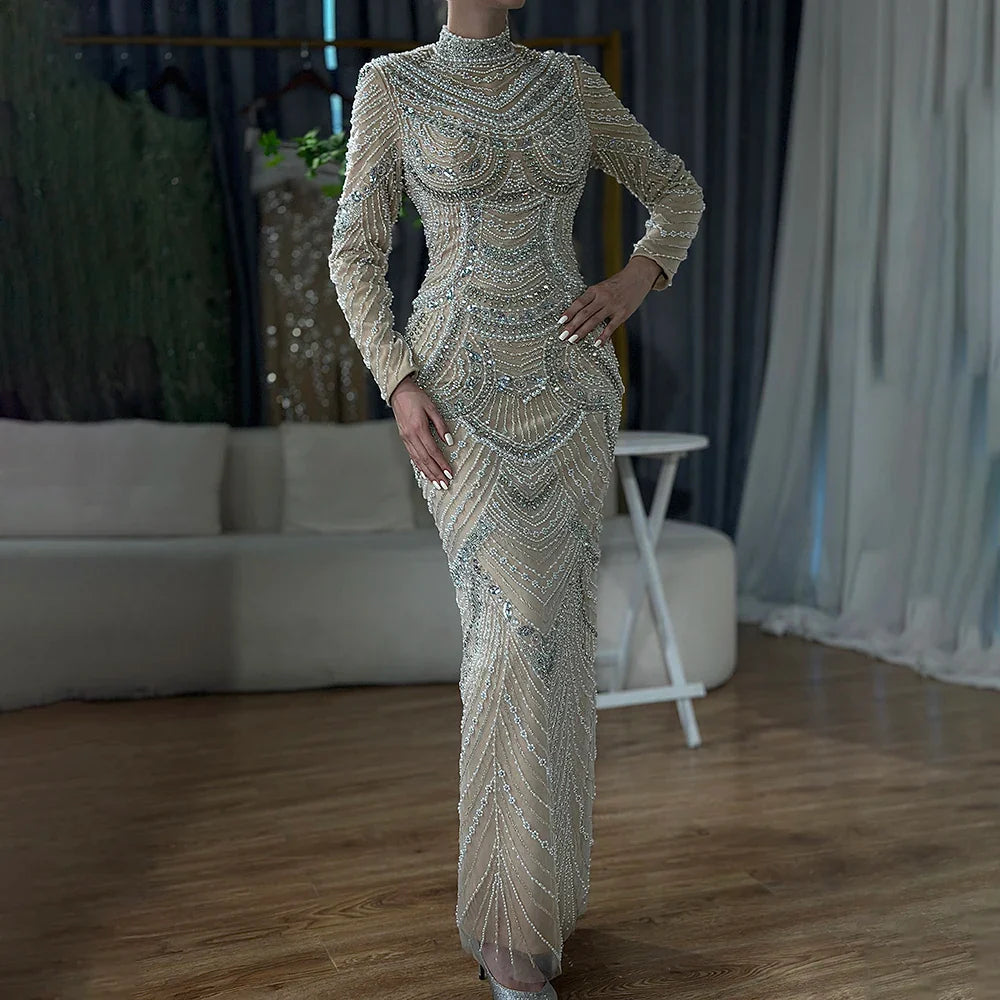 Luxury Muslim Nude Elegant Mermaid High Split Beaded Evening Dress Gown LA72091L