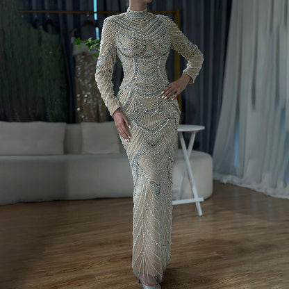 Luxury Muslim Nude Elegant Mermaid High Split Beaded Evening Dress Gown LA72091L