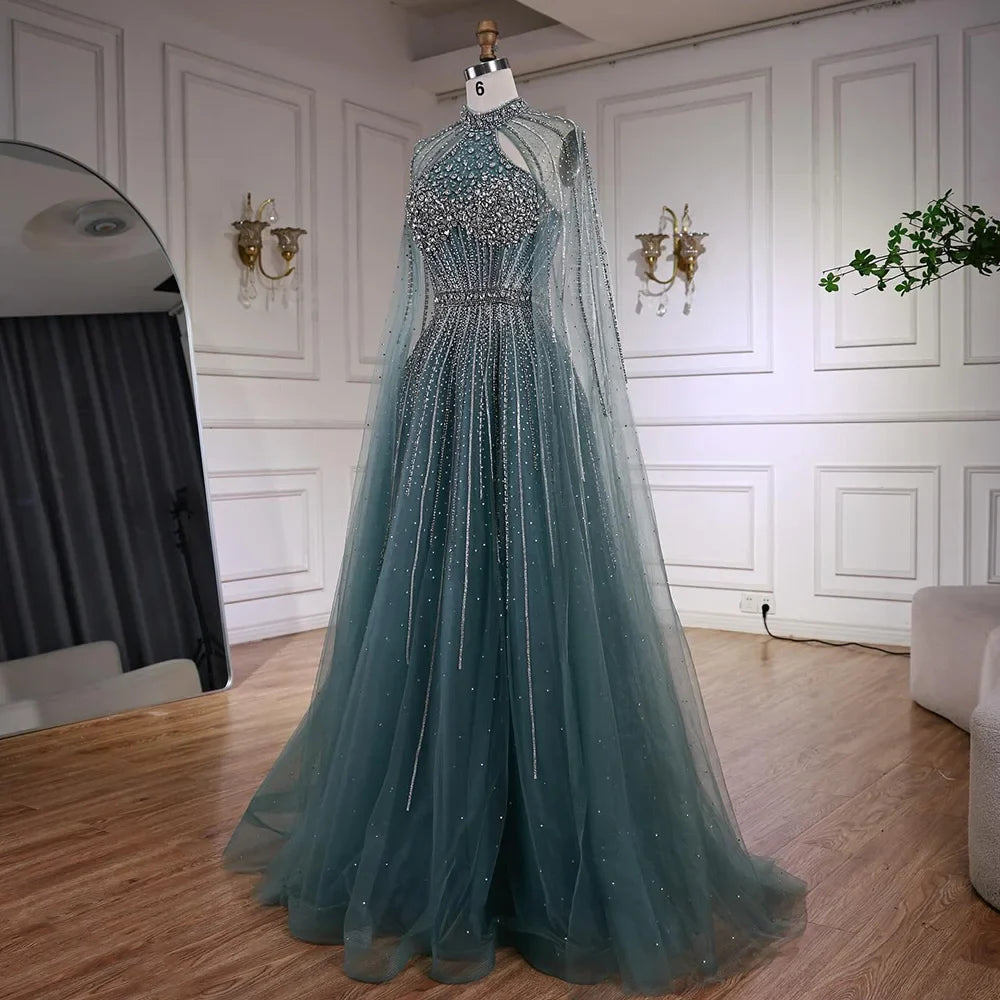 Luxury Turquoise Beaded A-Line Evening Dress with Cape Sleeves LA73054