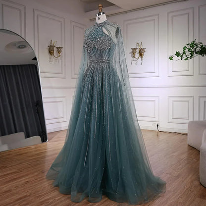 Luxury Turquoise Beaded A-Line Evening Dress with Cape Sleeves LA73054