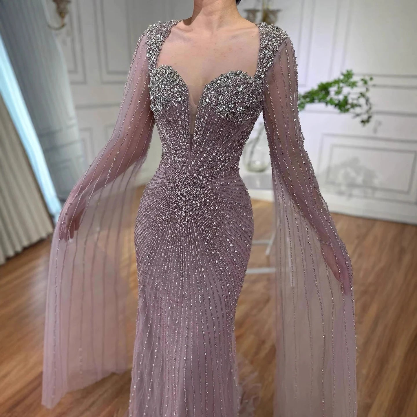 Luxury Caramel Crystal Beaded Mermaid Evening Dress with Cape LA72575D