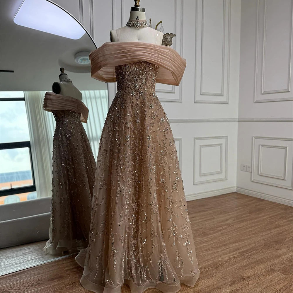Glamorous Silver Gray Off Shoulder Beaded A-Line Evening Dress LA73062