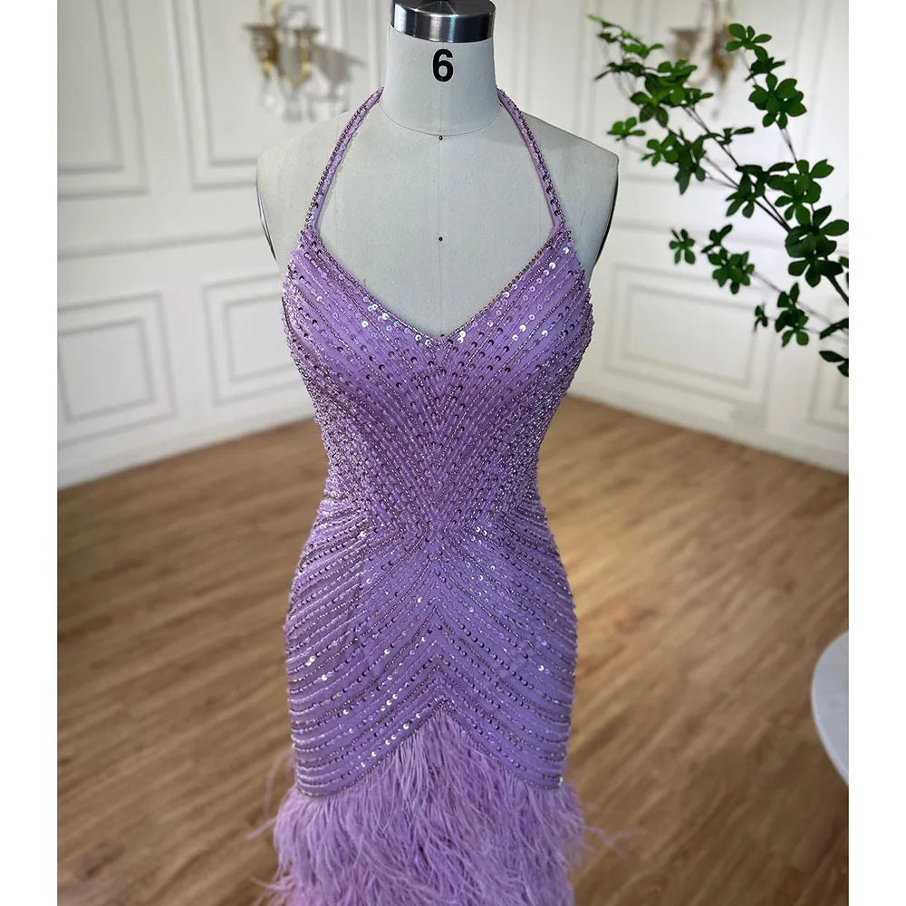 Lilac Feather Halter Mermaid Luxury Dubai Evening Dress LA72056