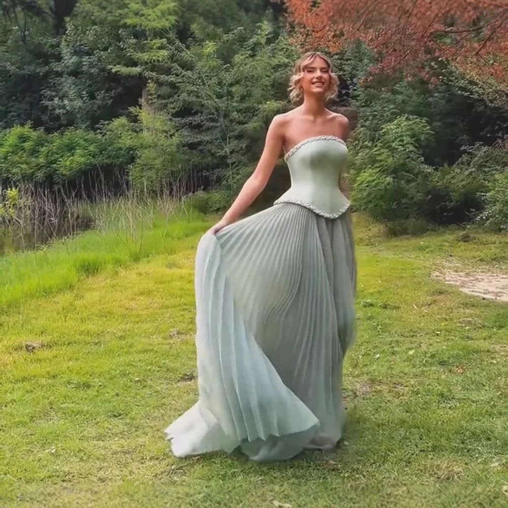 Luxury Sage Green A-Line Crystal Beaded Evening Dress LA73169A