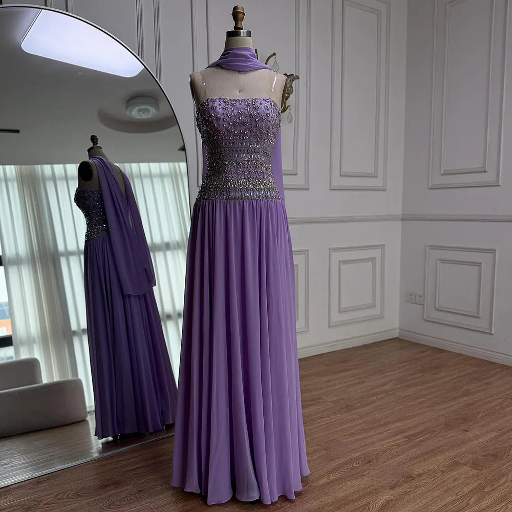 Lilac Strapless Beaded A Line Arabic Evening Dress LA73044