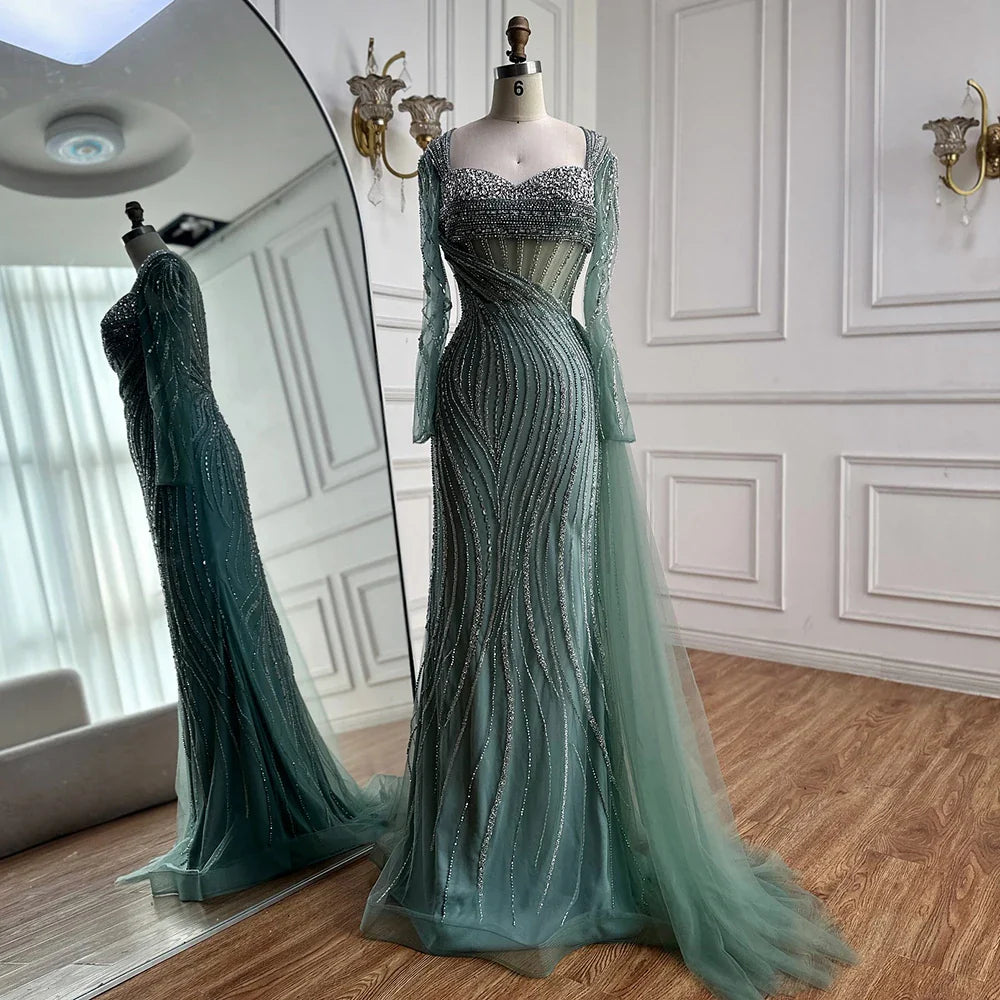 Luxury Nude Beaded Crystal Evening Dress with Overskirt LA72812