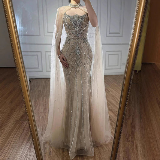 Luxury Dubai Nude Mermaid Evening Dress with Cape Sleeves LA73195