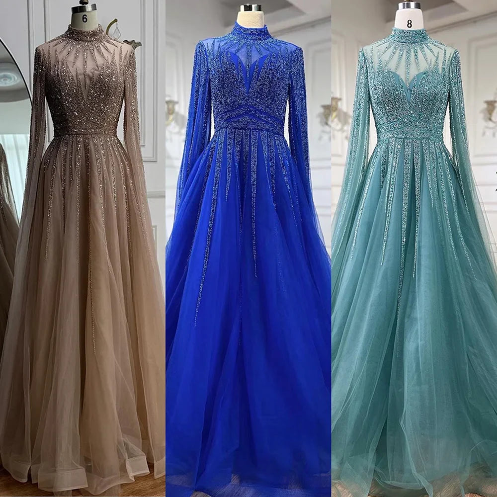 Luxury Arabic Turquoise A-Line Beaded Evening Dress with Cape LA72199