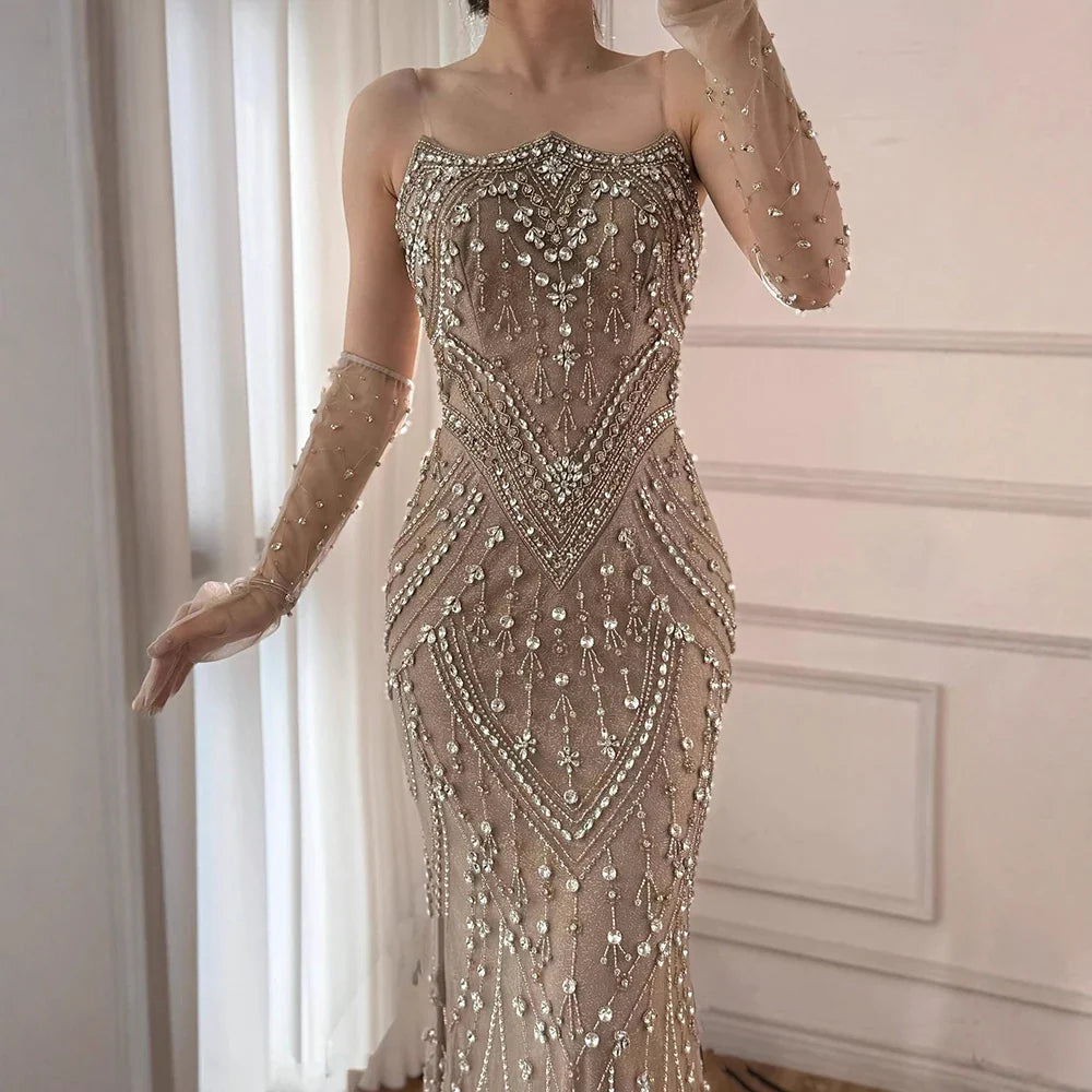 Luxury Caramel Crystal Beaded Mermaid Evening Gown with Gloves LA73186