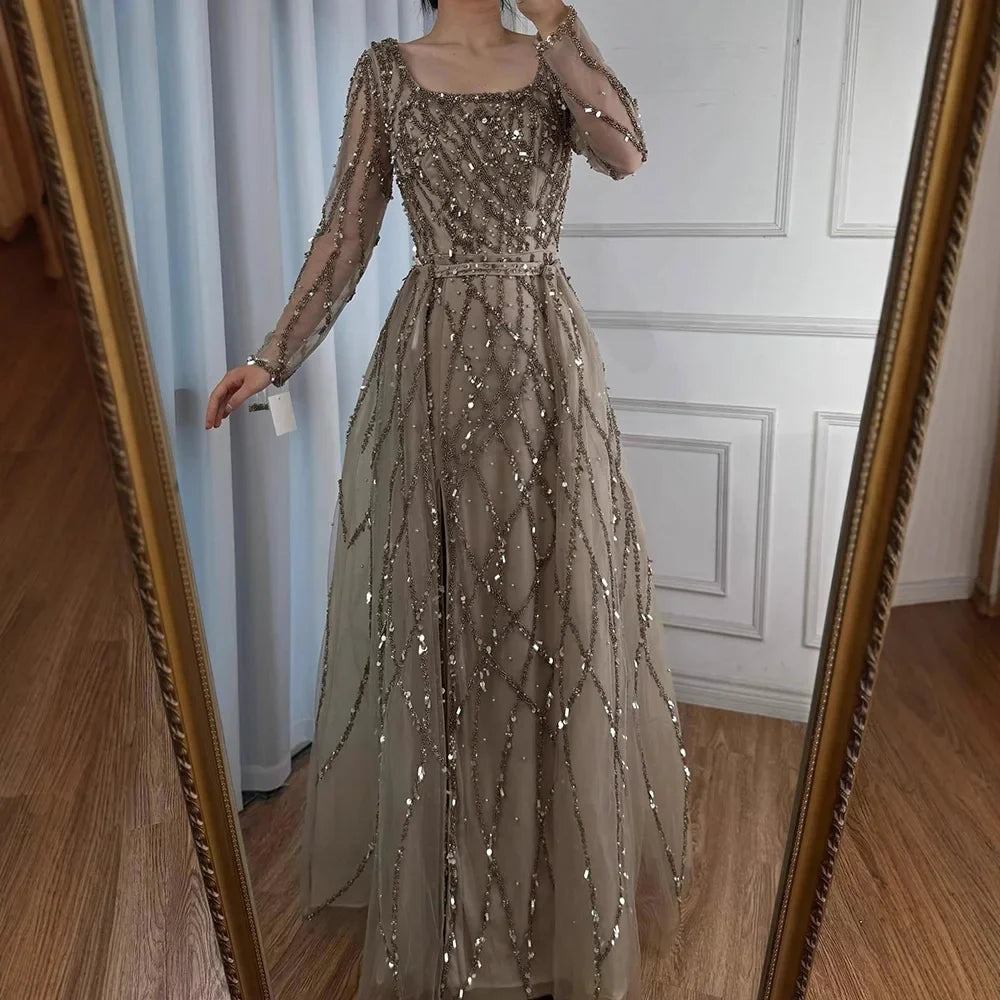 Dubai Luxury Beaded Mermaid Evening Dress With Long Sleeves LA70765L