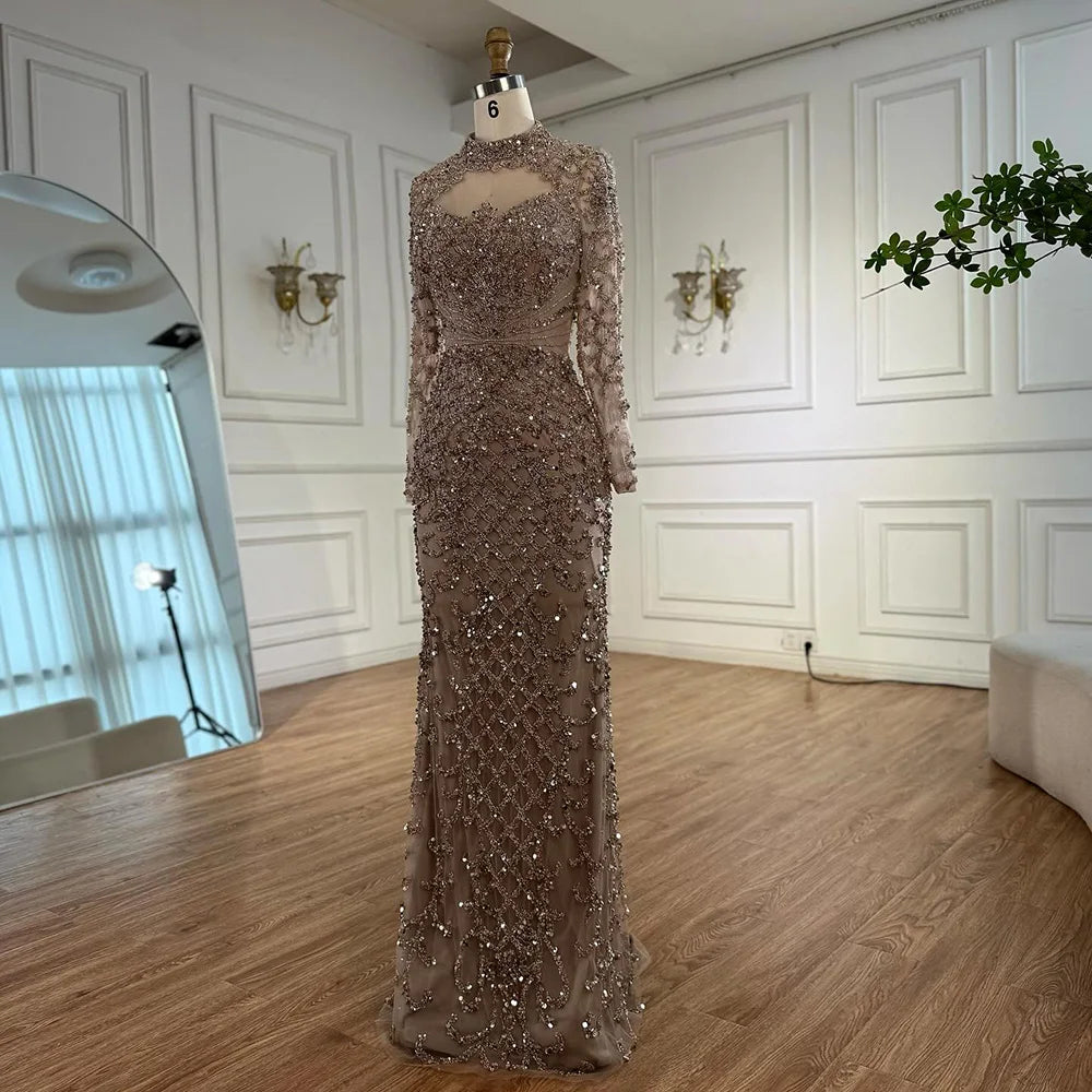 Caramel Beaded High Neck Mermaid Evening Dress Plus Size LA71747A