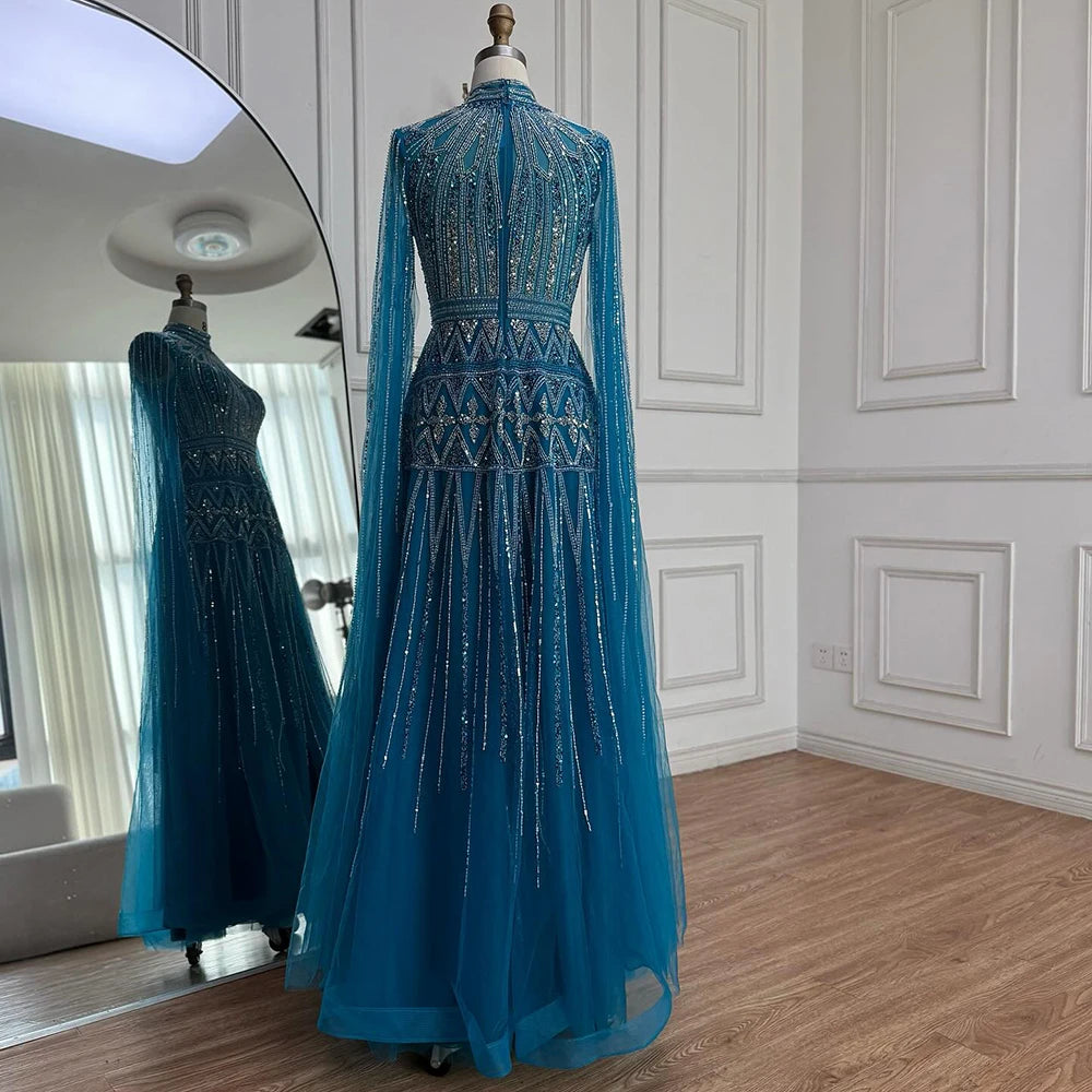 Luxury Arabic Blue Beaded Evening Dress with Cape Sleeves LA73187