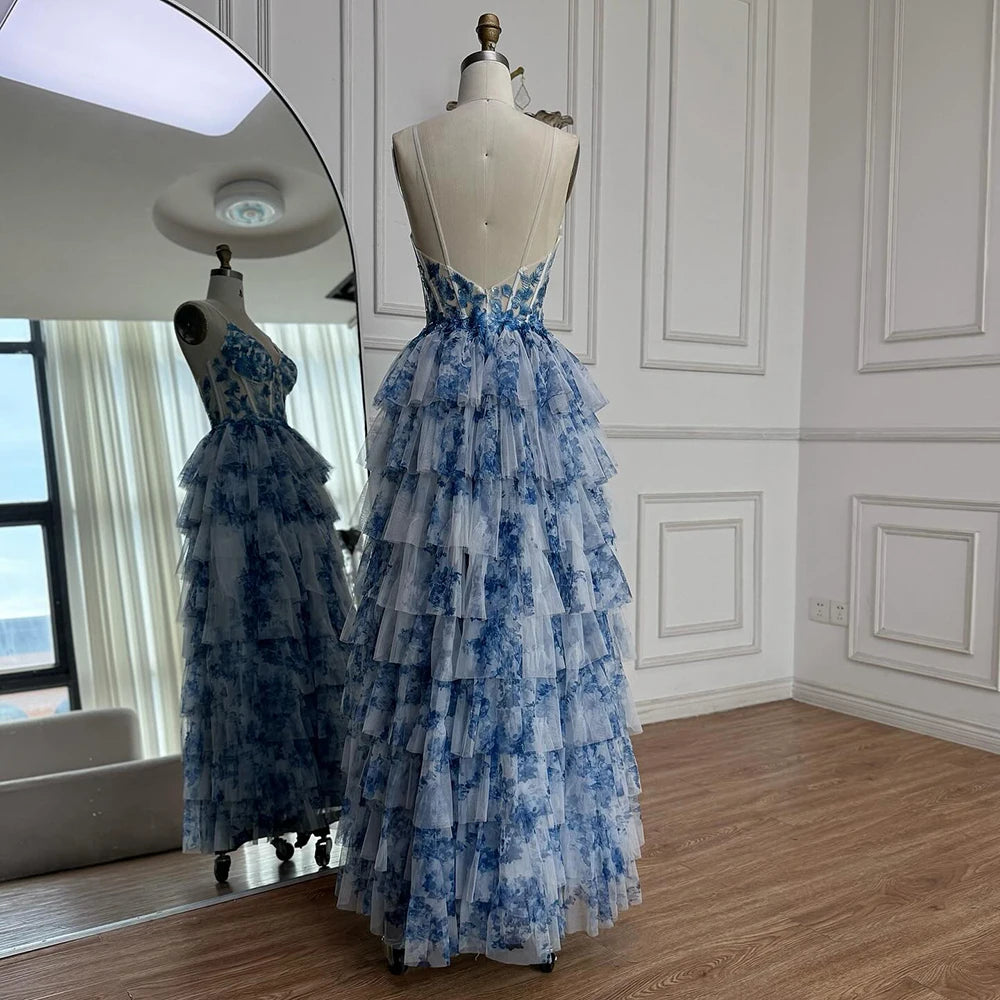 Elegant  Blue Tiered Spaghetti Strap A-Line Evening Dress LA73171