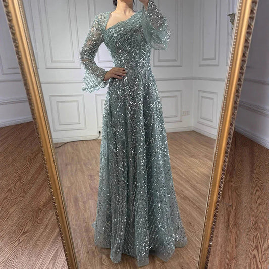 Luxury Turquoise Beaded A-Line Evening Dress with Puffy Sleeves LA73177