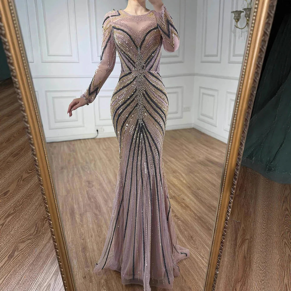 Luxury Pink Modest Dubai Mermaid  Evening  Dress  Long Sleeevs 2026 LA73213