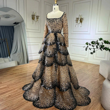 Luxury Black Nude Sequin Evening Dress with Long Sleeves LA72505B
