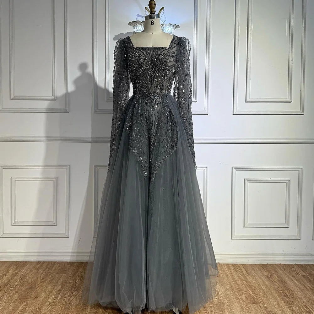Luxury Gray A Line Beaded Evening Dress for Women LA73088
