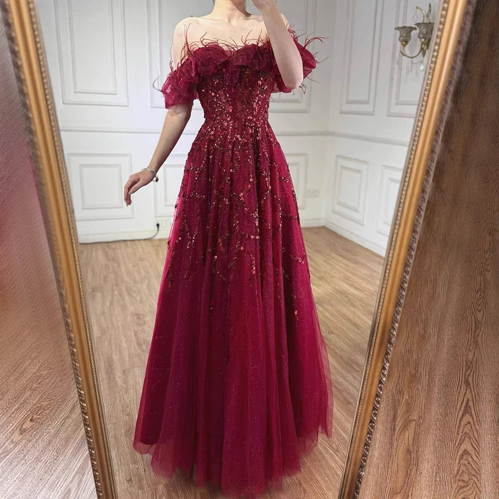 Luxury Turquoise Beaded Feather A Line Evening Dress LA71328