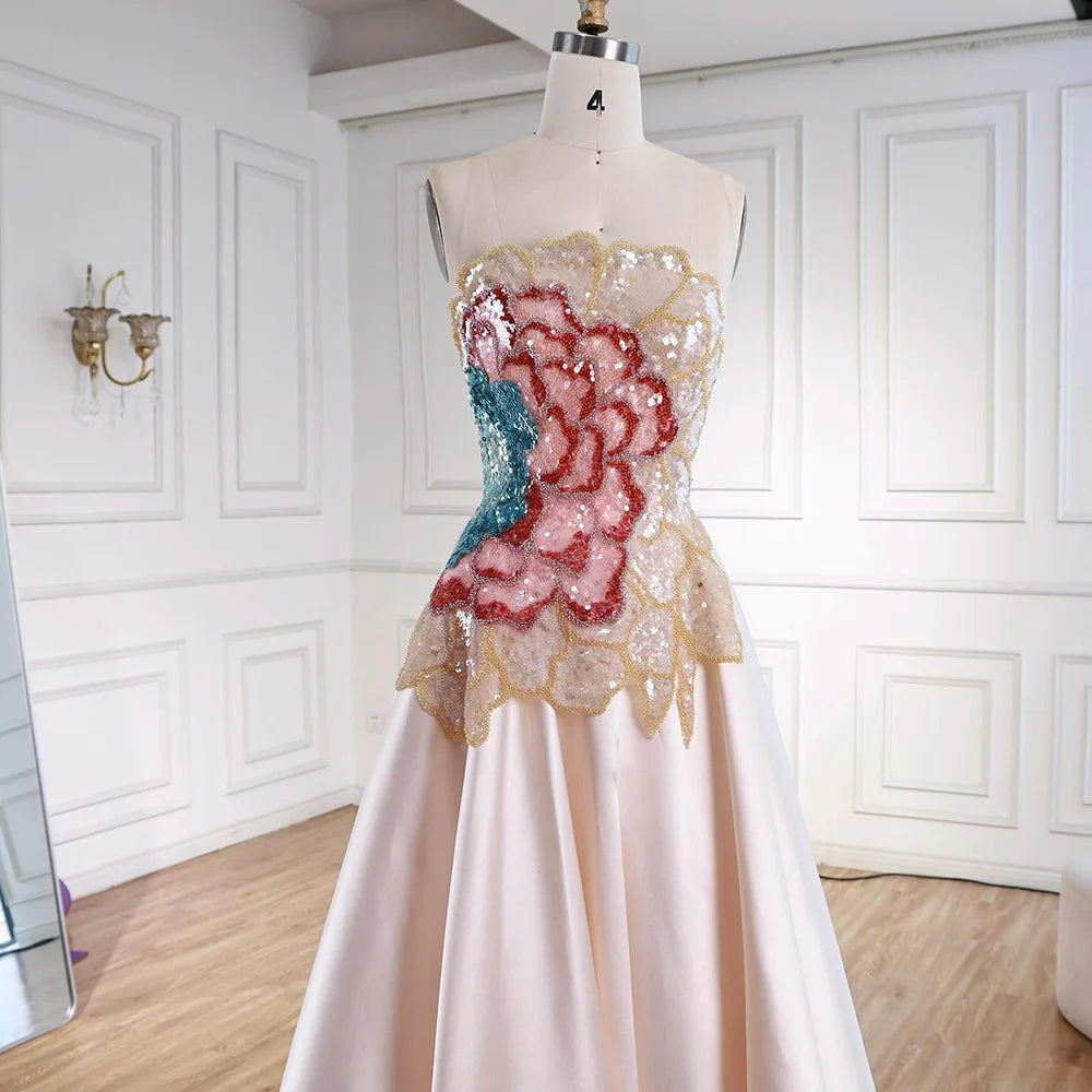 Strapless Satin A-Line Evening Dress with Sequin Bodice LA72195B