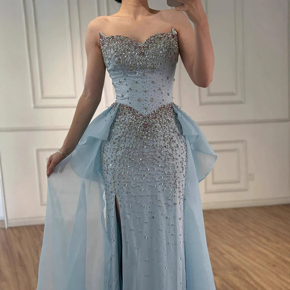 Luxury Blue Crystal Beaded Mermaid Evening Dress with Overskirt LA73145