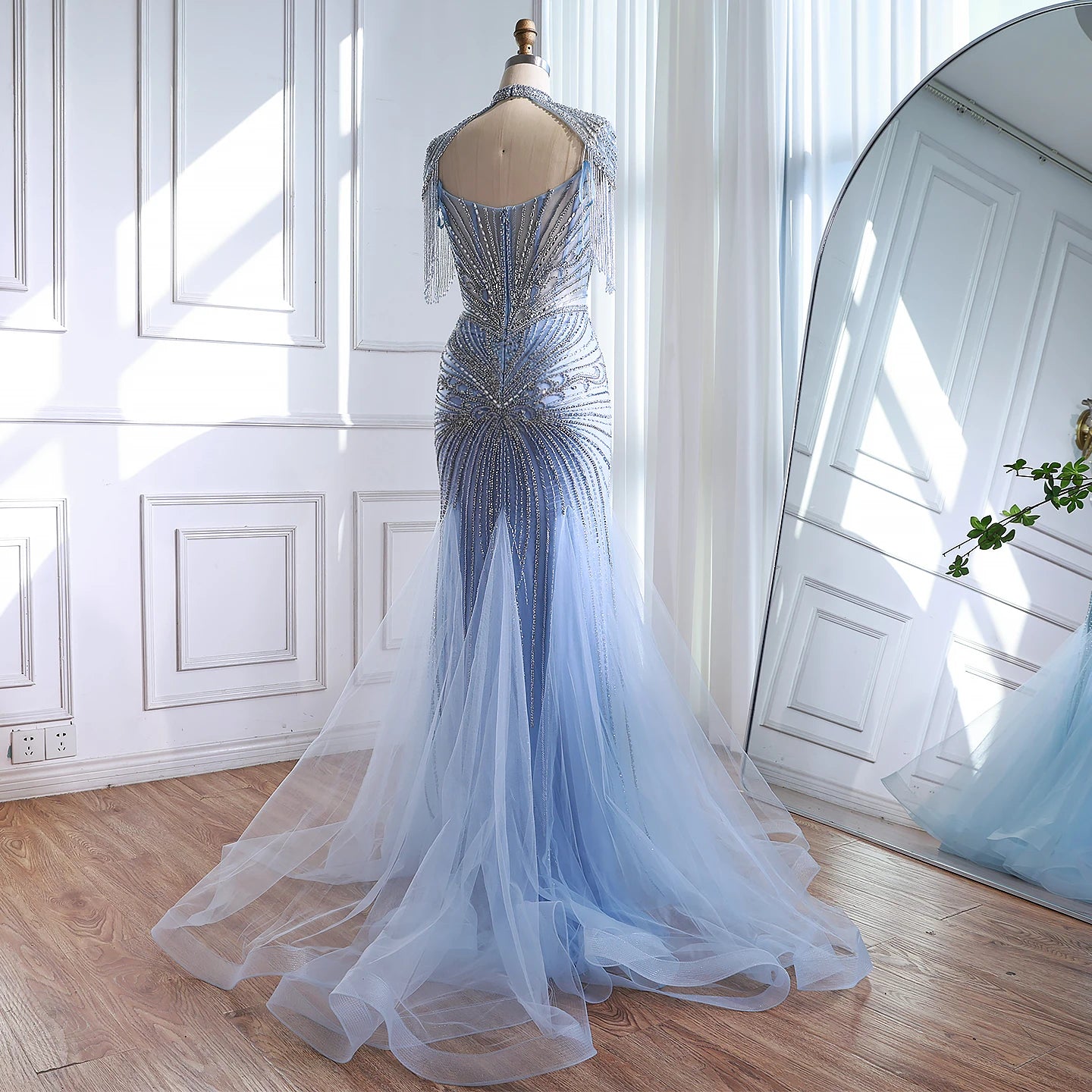 Luxury Dubai Beaded Blue Pink Evening Dress with Tassel Cape LA72897B