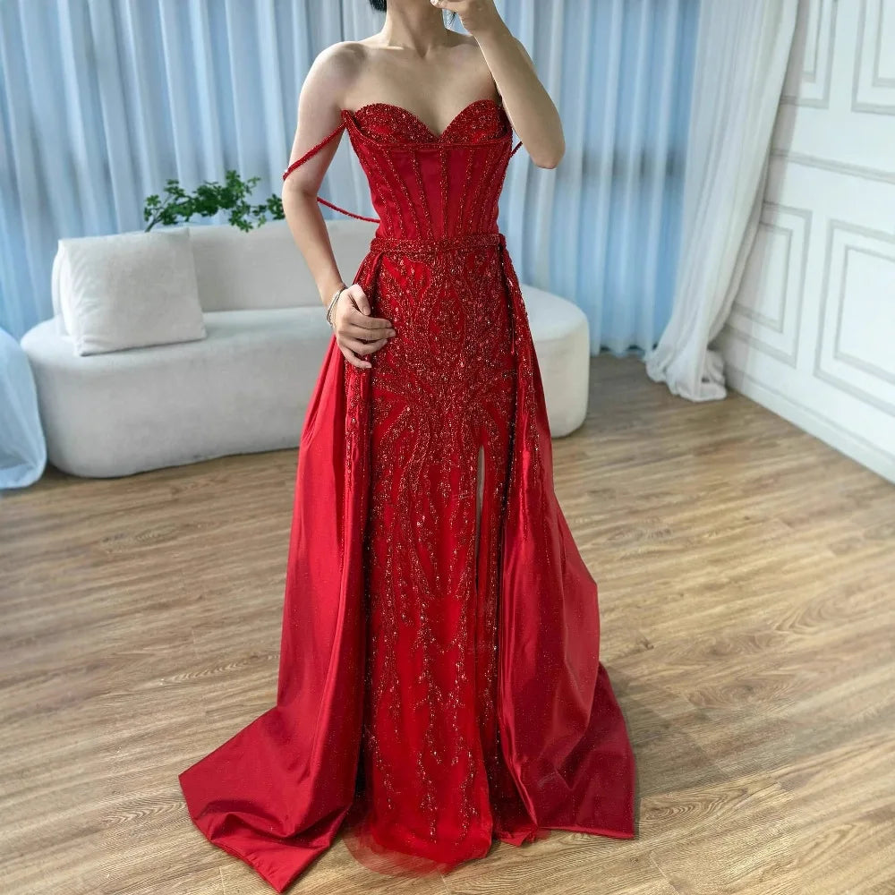 Luxury Red Beaded High Slit Evening Gown with Overskirt LA72936