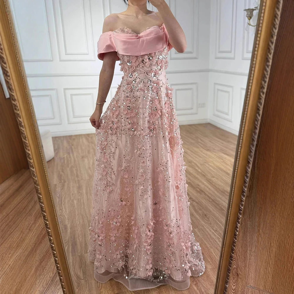 Luxury Pink A-Line Evening Dress with 3D Flowers & Beads LA73157