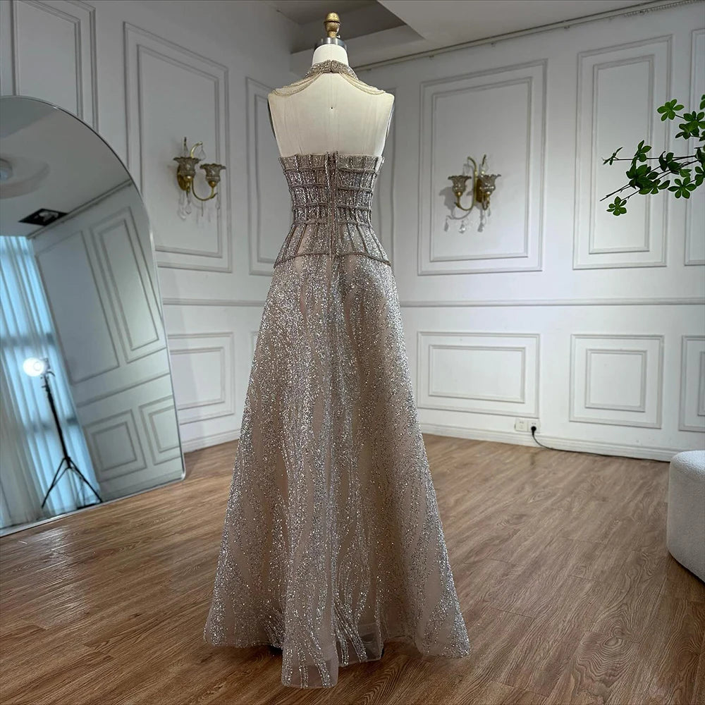 Luxury Nude Beaded A-Line Evening Dress for Women Formal Occasion LA73163