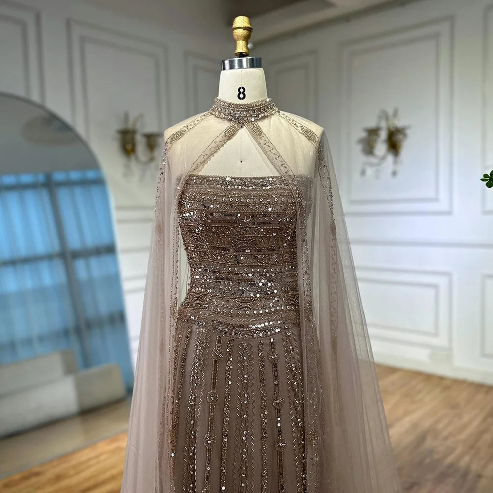 Luxury Caramel A-Line Beaded Evening Dress for Dubai Occasion LA72873