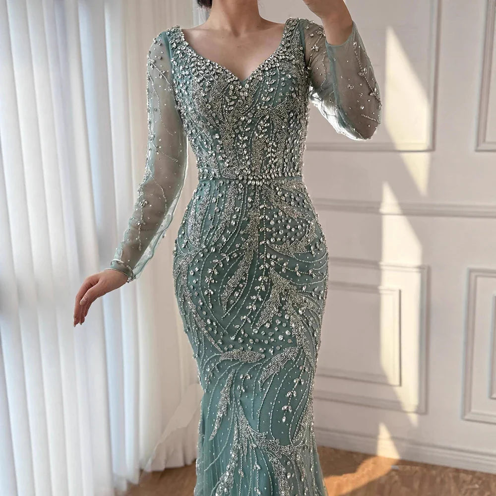 Luxury Muslim Nude Arabic Mermaid Beaded Evening Dress LA73191