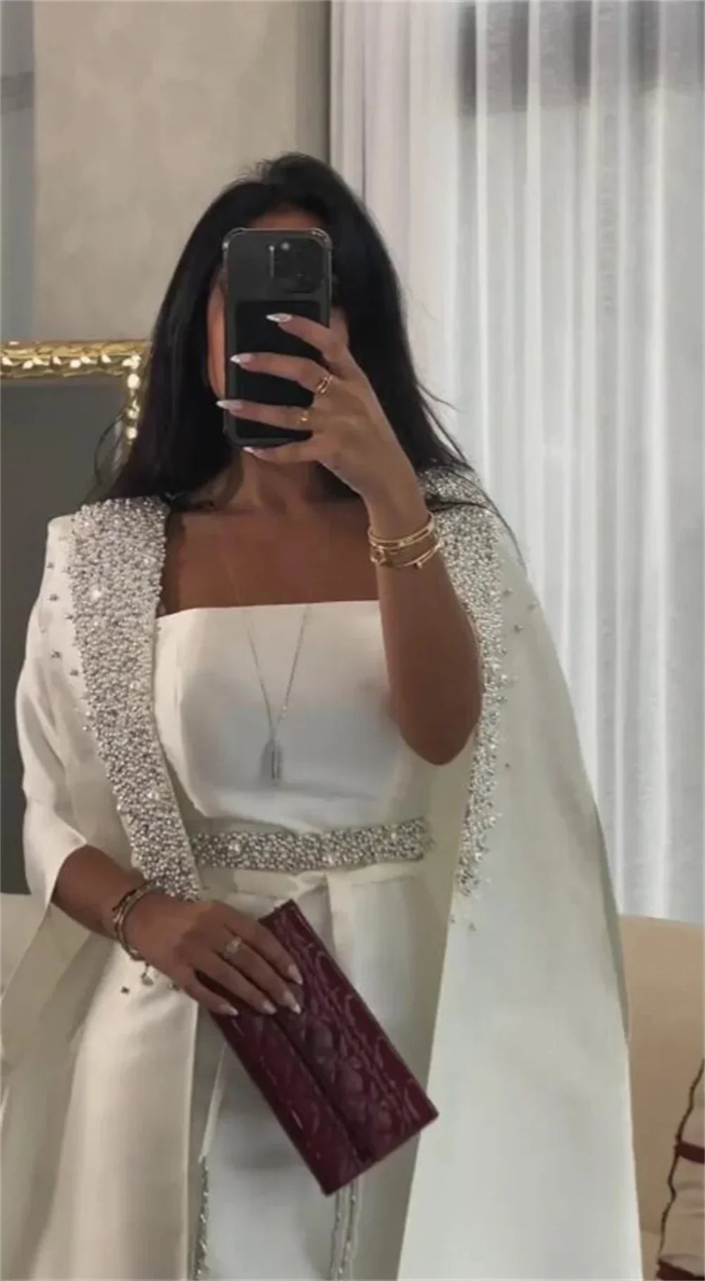 Luxury Dubai White Satin Mermaid Evening Dress with Long Cape LA72825