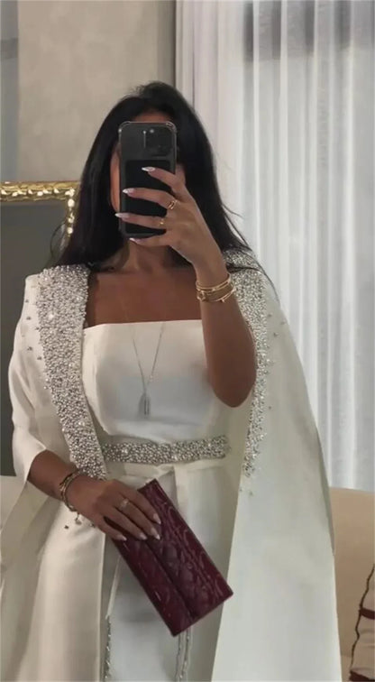 Luxury Dubai White Satin Mermaid Evening Dress with Long Cape LA72825