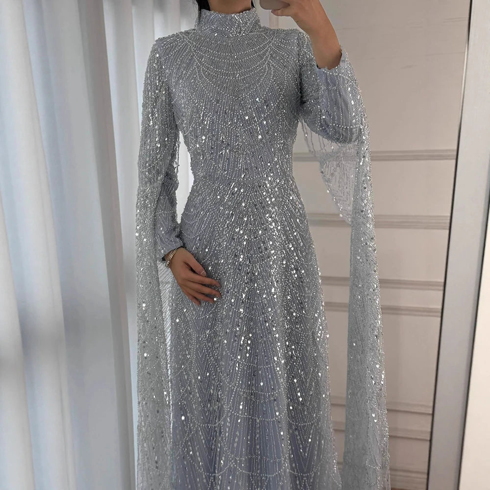 Luxury Dubai  Muslim Sage Green Pearls  Evening  Dress With Cape Plus Size LA72591