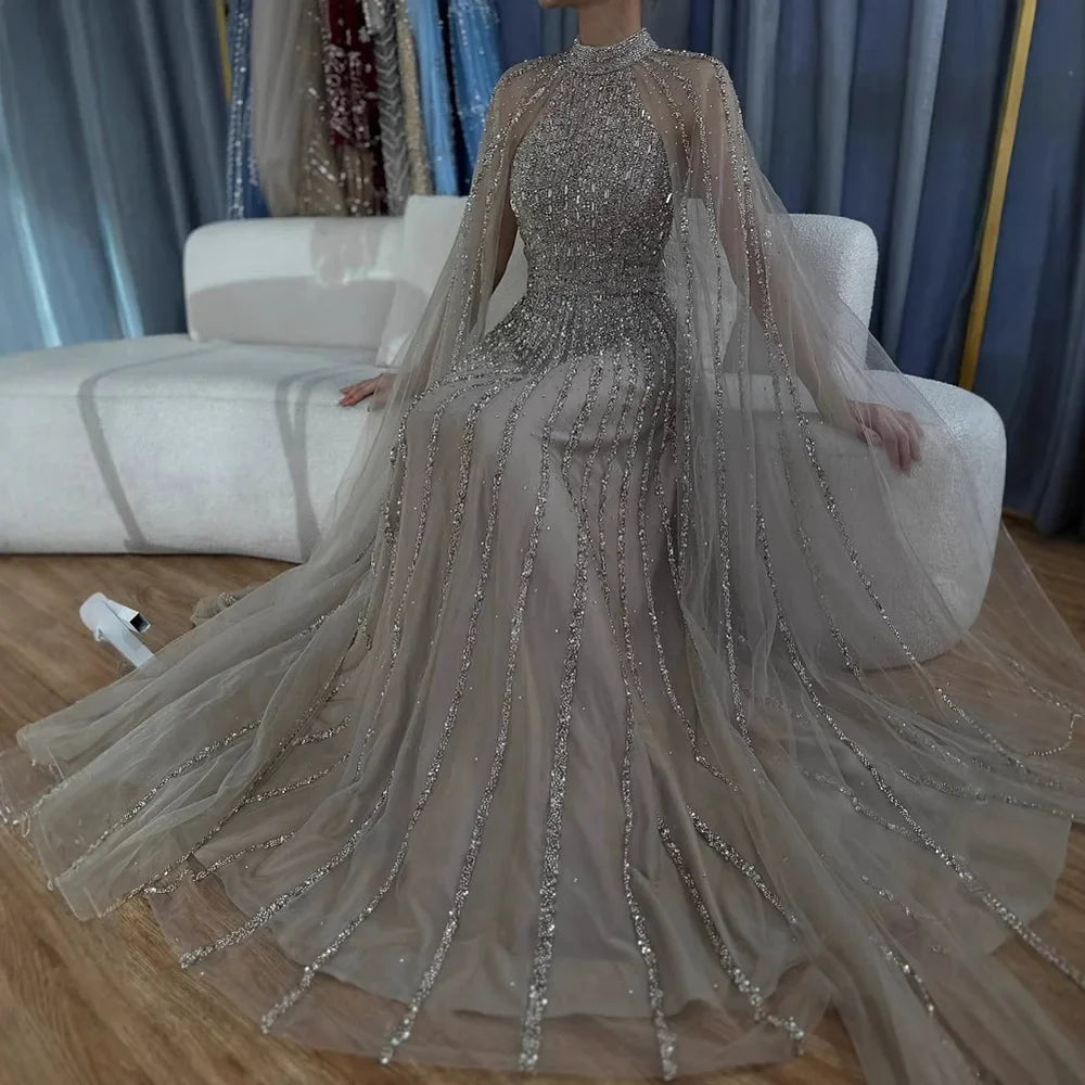 Luxury Caramel Beaded A-Line Evening Dress with Cape Sleeves LA72306B