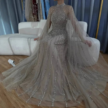 Luxury Caramel Beaded A-Line Evening Dress with Cape Sleeves LA72306B