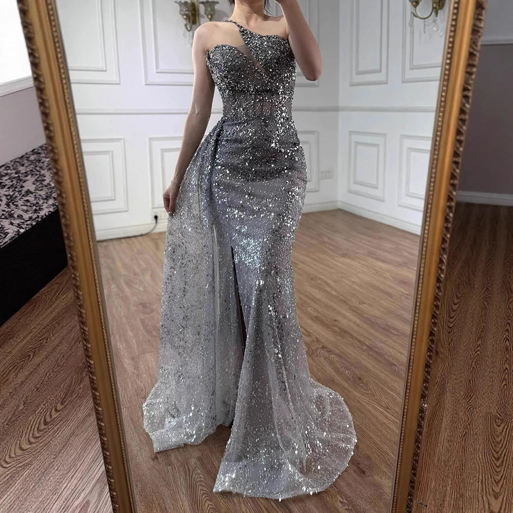 Luxury Silver Gray Crystal Beaded One Shoulder Evening Dress with Overskirt LA73160
