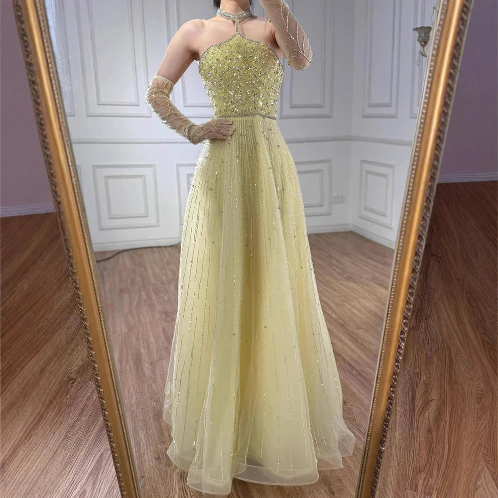 Sparkly Luxury Beaded Yellow Halter Evening Dress Gloves Saudi LA72948