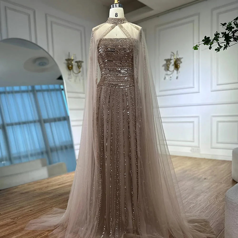 Luxury Caramel A-Line Beaded Evening Dress for Dubai Occasion LA72873
