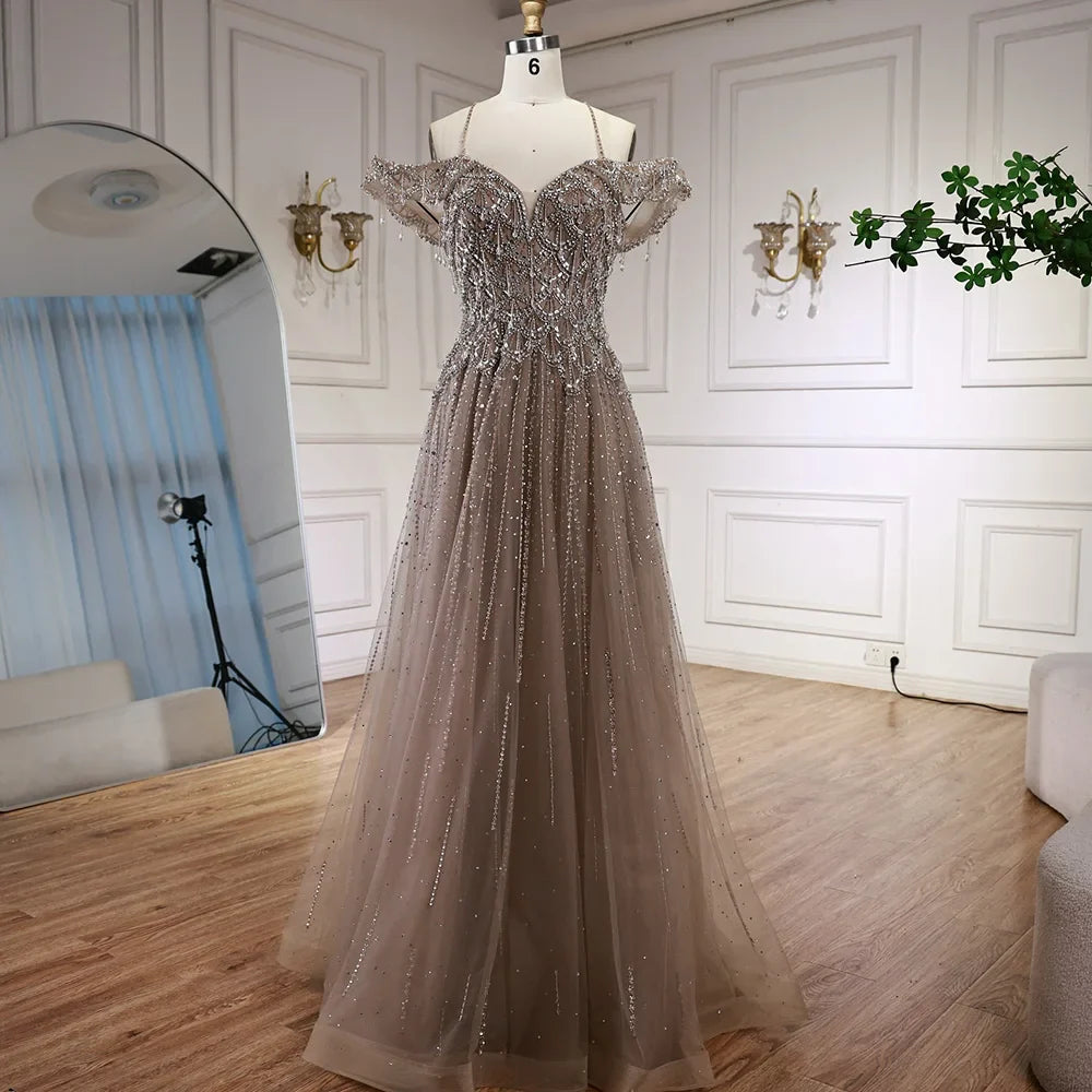 Elegant Nude Beaded Mermaid Evening Dress with Cape Sleeves LA72317C