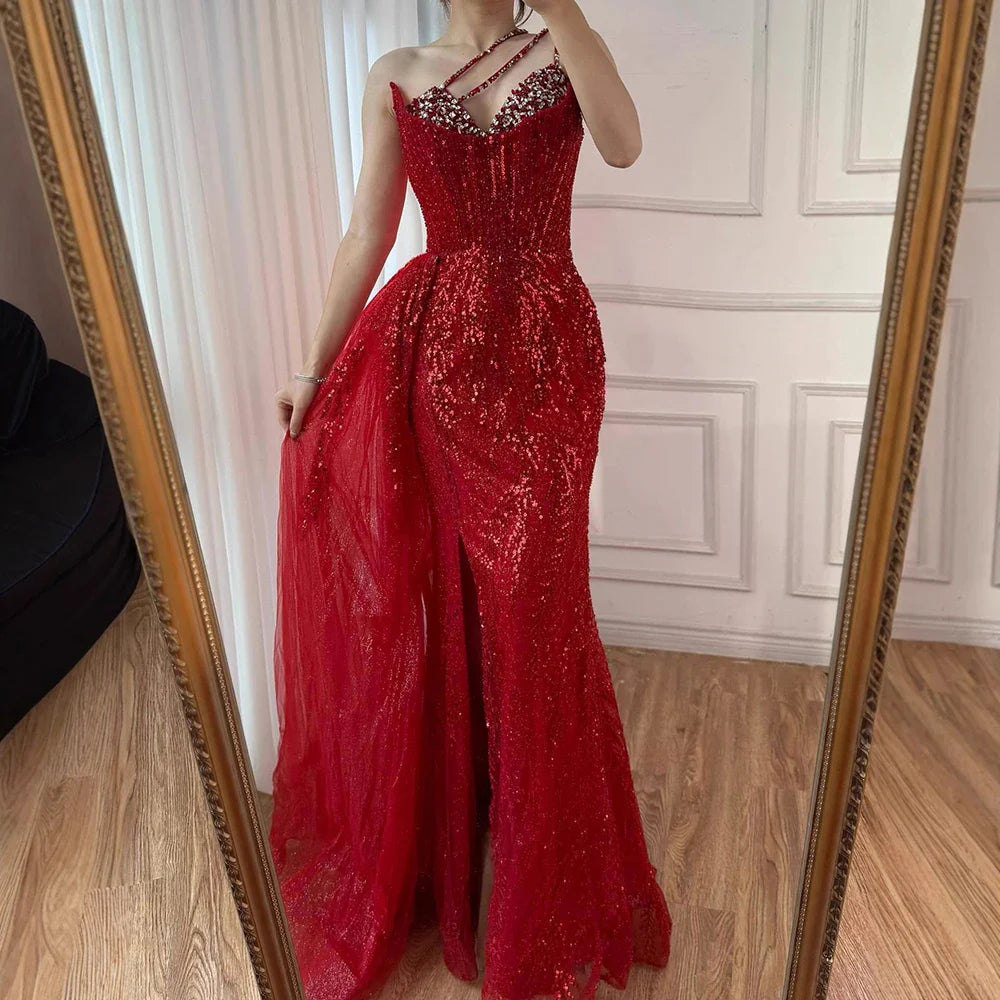 Luxury Nude Crystal Beaded One-Shoulder Evening Dress with Overskirt LA73161