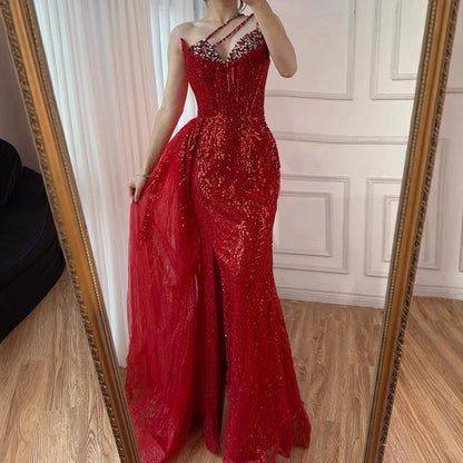 Luxury Nude Crystal Beaded One-Shoulder Evening Dress with Overskirt LA73161