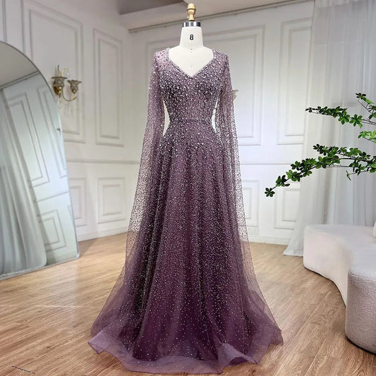 Luxury Plus Size Purple A Line Evening Dresses  With  Cape Sleeves   LA72147A