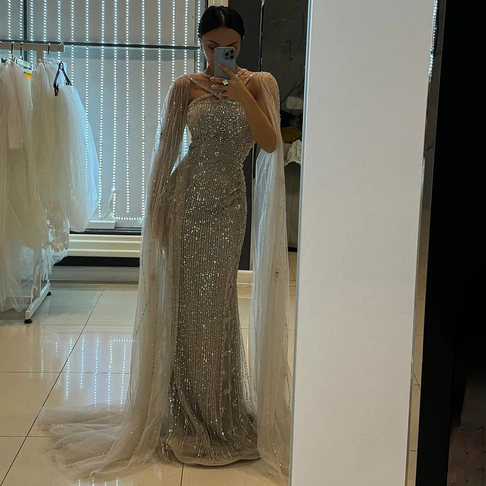 Caramel Cape Sleeves Beaded Mermaid Luxury Dubai Evening Dress LA71905B