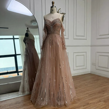 Luxury Caramel Crystal Beaded   Long Sleeve Mermaid Evening Dress LA73130