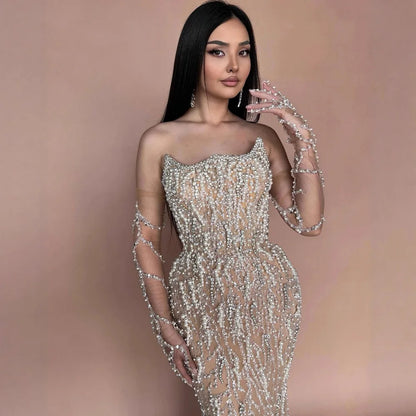 Luxury Nude   Pearl Beaded Mermaid Evening Gown with Gloves LA72345C