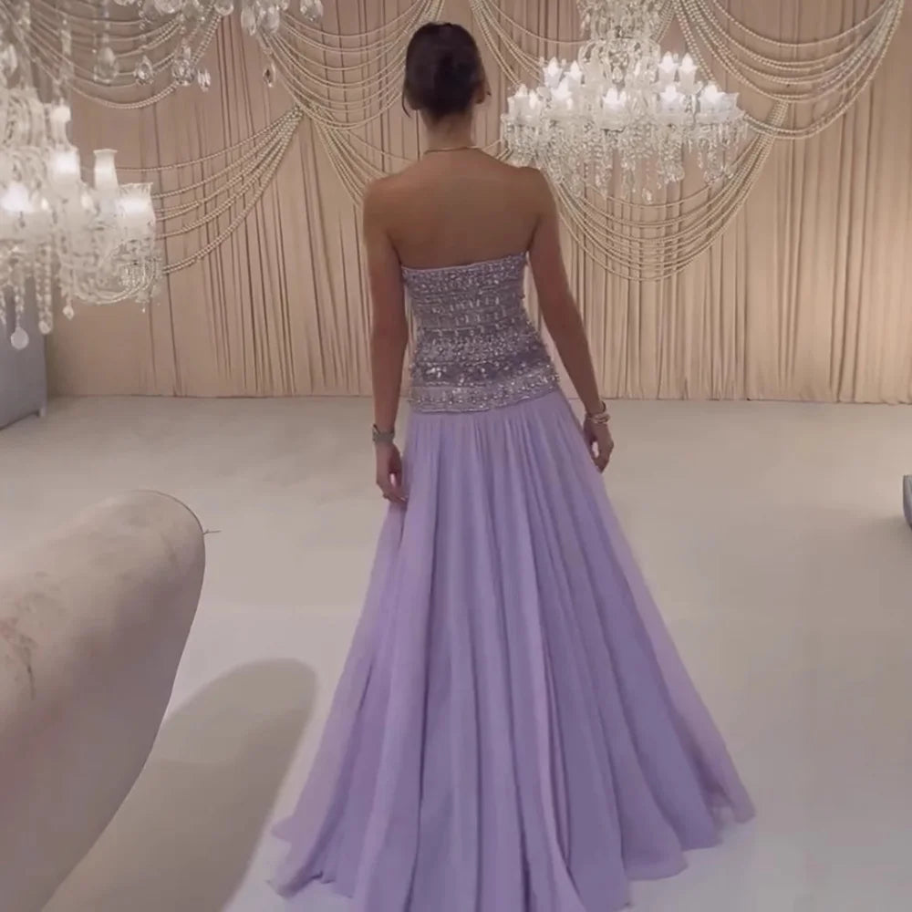Lilac Strapless Beaded A Line Arabic Evening Dress LA73044